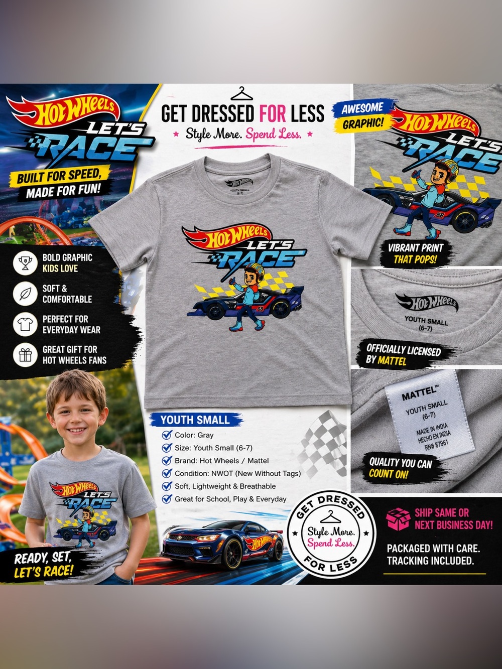 Hot Wheels Let’s Race T-Shirt Youth Small Gray Mattel Graphic Tee NWOT